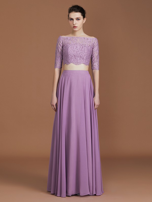 A-Line/Princess Lace Off-the-Shoulder 1/2 Sleeves Floor-Length Chiffon Bridesmaid Dress 2344