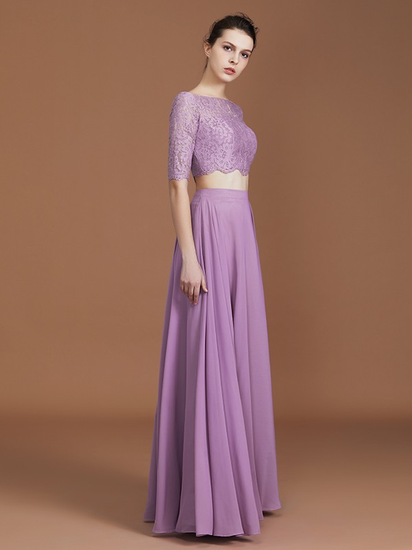 A-Line/Princess Lace Off-the-Shoulder 1/2 Sleeves Floor-Length Chiffon Bridesmaid Dress 2344