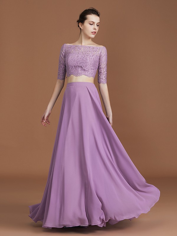 A-Line/Princess Lace Off-the-Shoulder 1/2 Sleeves Floor-Length Chiffon Bridesmaid Dress 2344