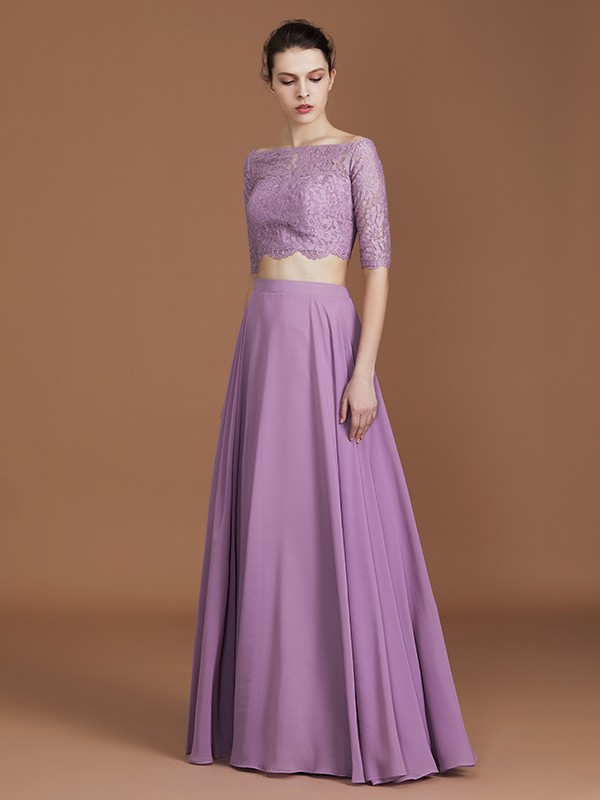 A-Line/Princess Lace Off-the-Shoulder 1/2 Sleeves Floor-Length Chiffon Bridesmaid Dress 2344