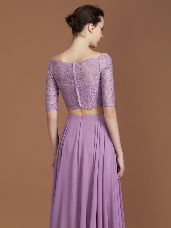 A-Line/Princess Lace Off-the-Shoulder 1/2 Sleeves Floor-Length Chiffon Bridesmaid Dress 2344