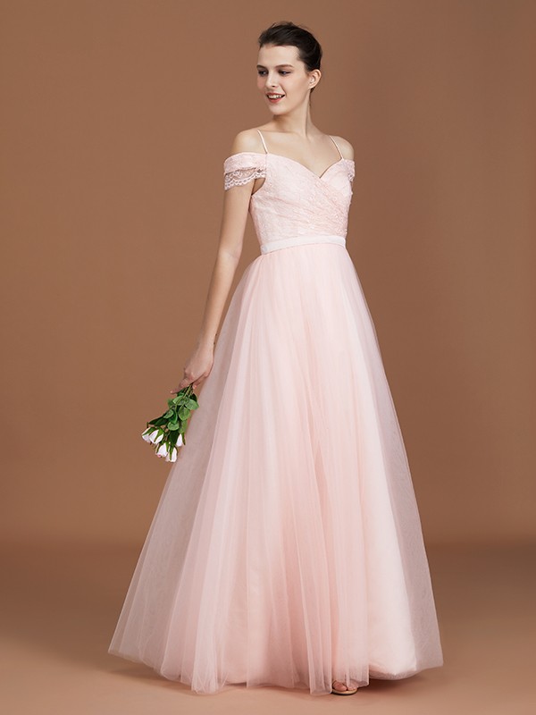 A-Line/Princess Short Sleeves Lace Spaghetti Straps Ruched Sweetheart Floor-Length Tulle Bridesmaid Dresses 2468