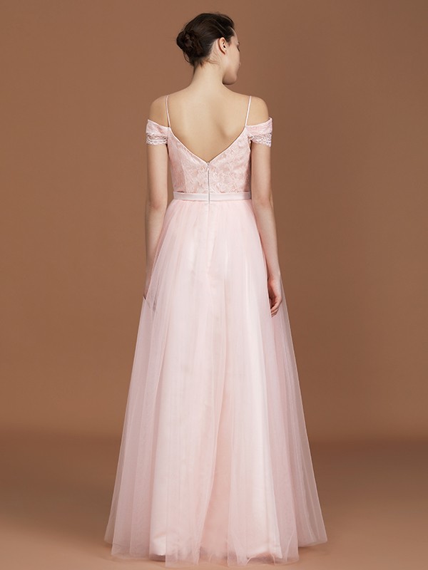 A-Line/Princess Short Sleeves Lace Spaghetti Straps Ruched Sweetheart Floor-Length Tulle Bridesmaid Dresses 2468