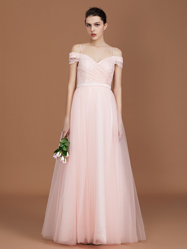 A-Line/Princess Short Sleeves Lace Spaghetti Straps Ruched Sweetheart Floor-Length Tulle Bridesmaid Dresses 2468