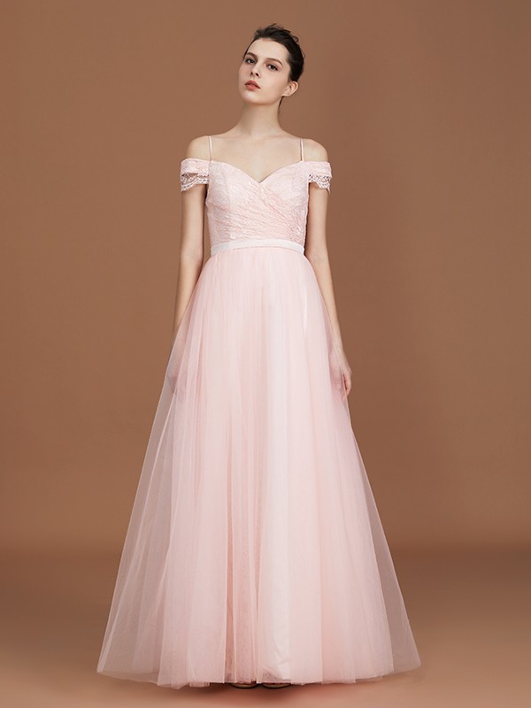 A-Line/Princess Short Sleeves Lace Spaghetti Straps Ruched Sweetheart Floor-Length Tulle Bridesmaid Dresses 2468