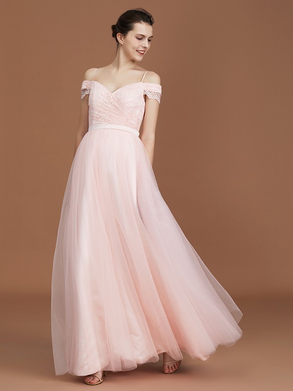 A-Line/Princess Short Sleeves Lace Spaghetti Straps Ruched Sweetheart Floor-Length Tulle Bridesmaid Dresses 2468