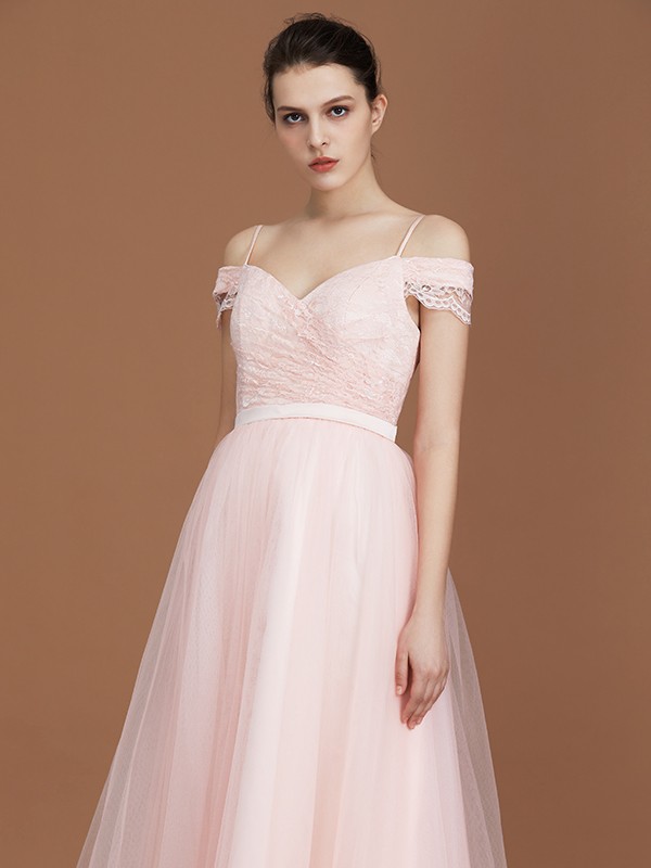 A-Line/Princess Short Sleeves Lace Spaghetti Straps Ruched Sweetheart Floor-Length Tulle Bridesmaid Dresses 2468