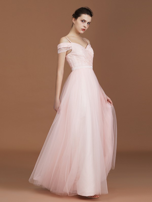 A-Line/Princess Short Sleeves Lace Spaghetti Straps Ruched Sweetheart Floor-Length Tulle Bridesmaid Dresses 2468