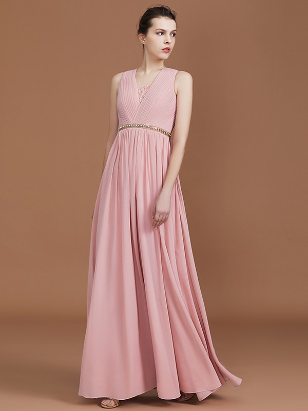 A-Line/Princess Lace Sleeveless Floor-Length Chiffon Ruched V-neck Bridesmaid Dresses 2348