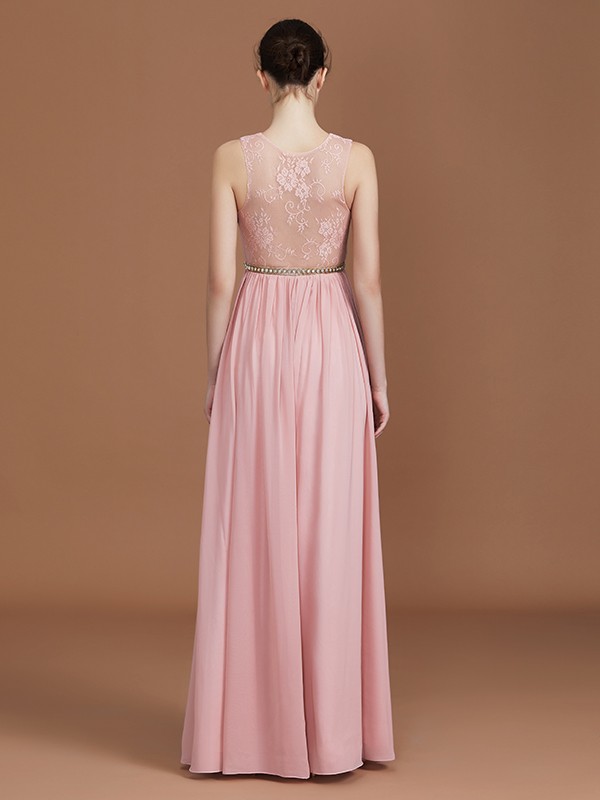 A-Line/Princess Lace Sleeveless Floor-Length Chiffon Ruched V-neck Bridesmaid Dresses 2348