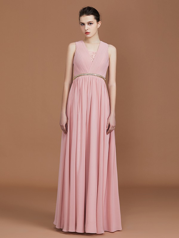 A-Line/Princess Lace Sleeveless Floor-Length Chiffon Ruched V-neck Bridesmaid Dresses 2348