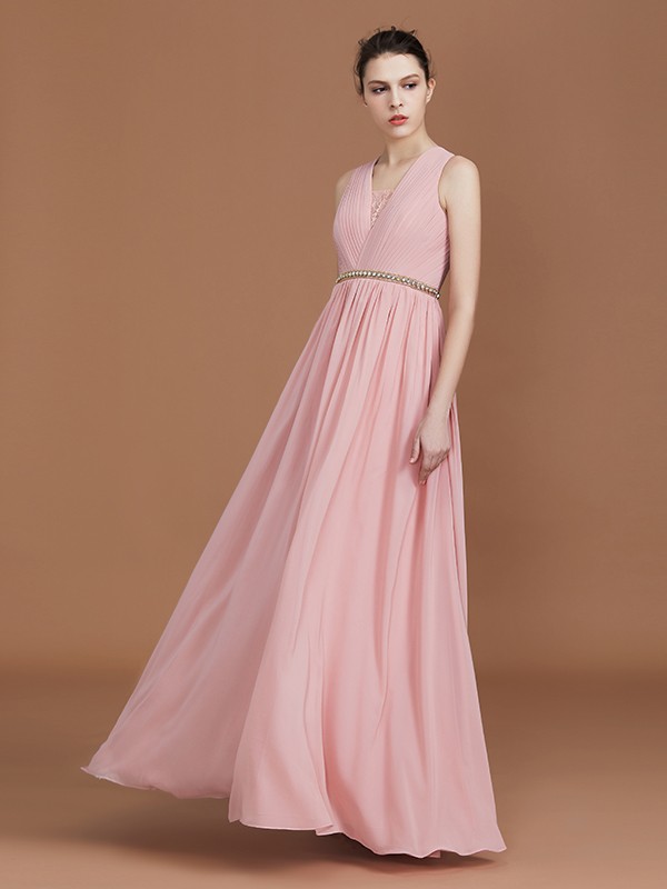 A-Line/Princess Lace Sleeveless Floor-Length Chiffon Ruched V-neck Bridesmaid Dresses 2348