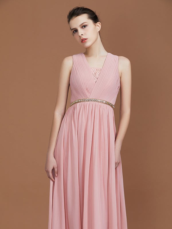 A-Line/Princess Lace Sleeveless Floor-Length Chiffon Ruched V-neck Bridesmaid Dresses 2348