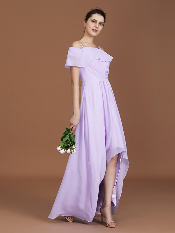 A-Line/Princess Asymmetrical Short Sleeves Off-the-Shoulder Ruched Chiffon Bridesmaid Dresses 2093