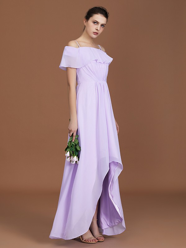 A-Line/Princess Asymmetrical Short Sleeves Off-the-Shoulder Ruched Chiffon Bridesmaid Dresses 2093