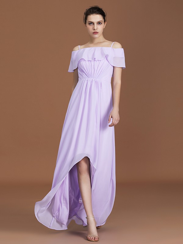 A-Line/Princess Asymmetrical Short Sleeves Off-the-Shoulder Ruched Chiffon Bridesmaid Dresses 2093