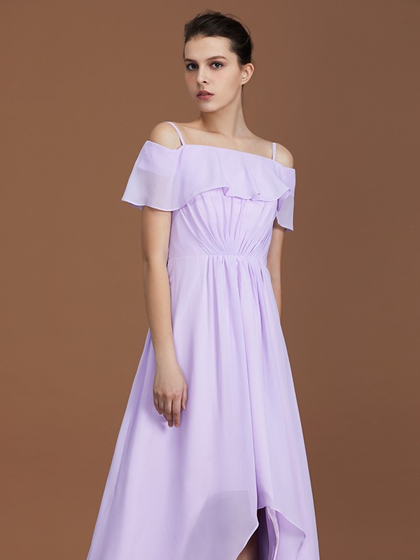 A-Line/Princess Asymmetrical Short Sleeves Off-the-Shoulder Ruched Chiffon Bridesmaid Dresses 2093