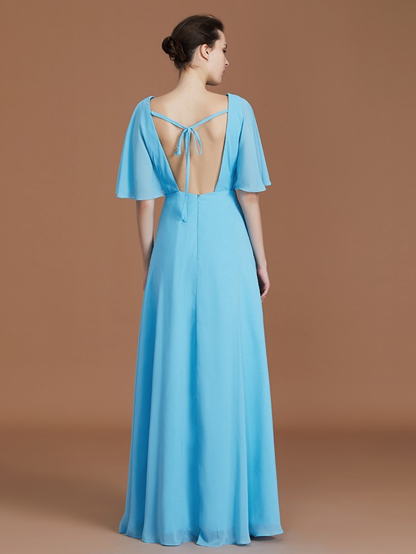 A-Line/Princess V-neck 1/2 Sleeves Floor-Length Chiffon Bridesmaid Dresses 2779