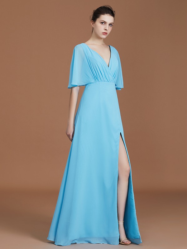 A-Line/Princess V-neck 1/2 Sleeves Floor-Length Chiffon Bridesmaid Dresses 2779