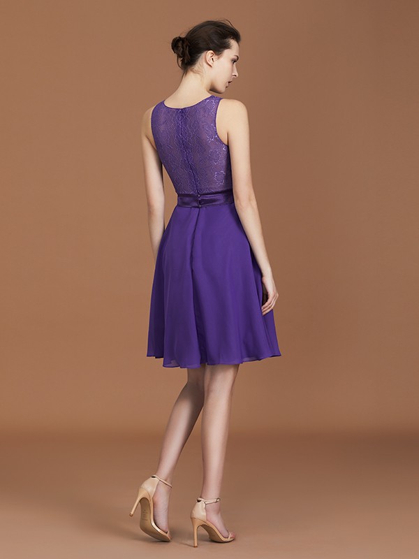 A-Line/Princess Lace Knee-Length Sleeveless Bateau Chiffon Bridesmaid Dresses 2343