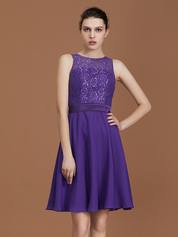 A-Line/Princess Lace Knee-Length Sleeveless Bateau Chiffon Bridesmaid Dresses 2343