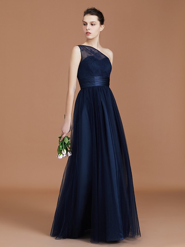 A-line/Princess One-Shoulder Lace Tulle Sleeveless Floor-Length Bridesmaid Dresses 2372