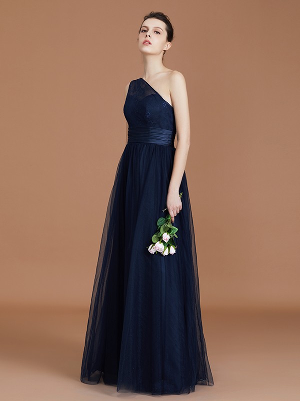 A-line/Princess One-Shoulder Lace Tulle Sleeveless Floor-Length Bridesmaid Dresses 2372