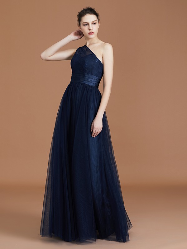 A-line/Princess One-Shoulder Lace Tulle Sleeveless Floor-Length Bridesmaid Dresses 2372