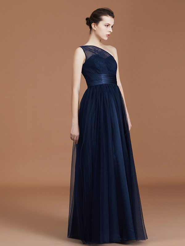 A-line/Princess One-Shoulder Lace Tulle Sleeveless Floor-Length Bridesmaid Dresses 2372