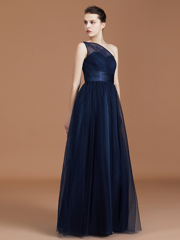 A-line/Princess One-Shoulder Lace Tulle Sleeveless Floor-Length Bridesmaid Dresses 2372