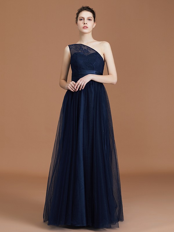 A-line/Princess One-Shoulder Lace Tulle Sleeveless Floor-Length Bridesmaid Dresses 2372