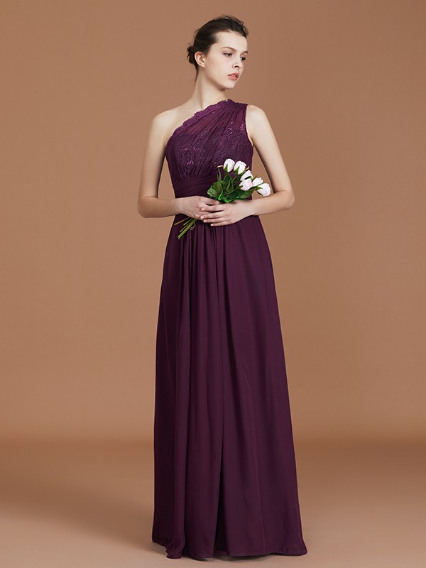 A-line/Princess One-Shoulder Lace Chiffon Sleeveless Floor-Length Bridesmaid Dresses 2370