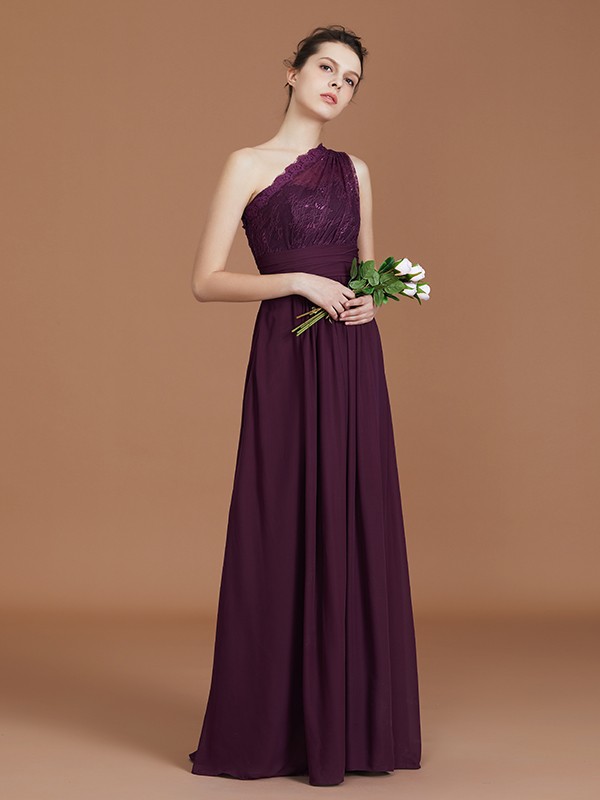 A-line/Princess One-Shoulder Lace Chiffon Sleeveless Floor-Length Bridesmaid Dresses 2370