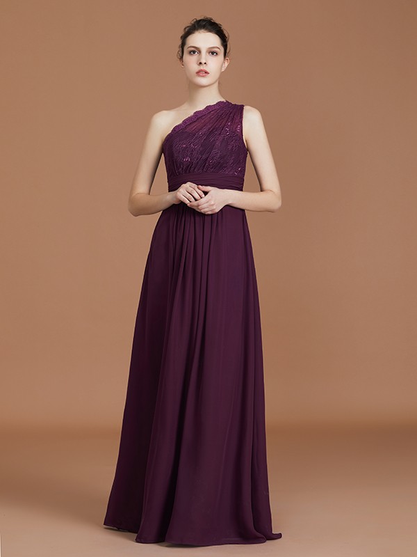 A-line/Princess One-Shoulder Lace Chiffon Sleeveless Floor-Length Bridesmaid Dresses 2370