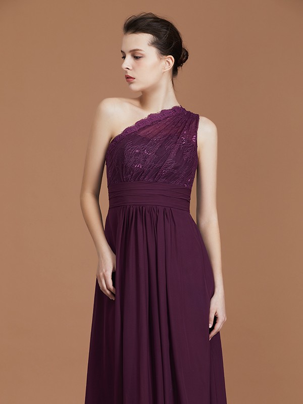 A-line/Princess One-Shoulder Lace Chiffon Sleeveless Floor-Length Bridesmaid Dresses 2370