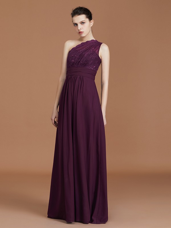 A-line/Princess One-Shoulder Lace Chiffon Sleeveless Floor-Length Bridesmaid Dresses 2370