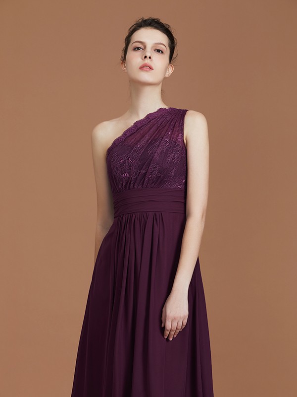 A-line/Princess One-Shoulder Lace Chiffon Sleeveless Floor-Length Bridesmaid Dresses 2370