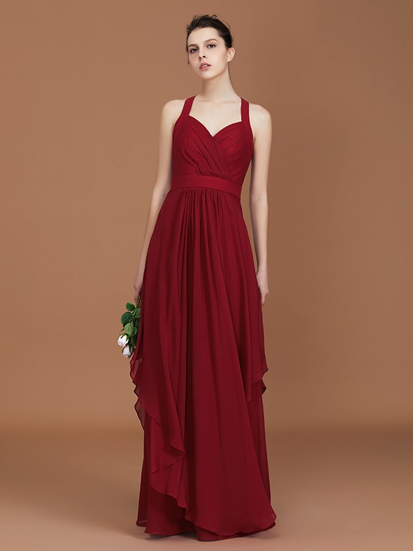 A-Line/Princess Straps Chiffon Ruched Floor-Length Sleeveless Bridesmaid Dresses 2626