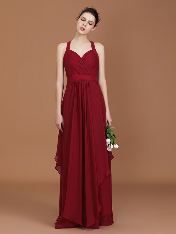 A-Line/Princess Straps Chiffon Ruched Floor-Length Sleeveless Bridesmaid Dresses 2626