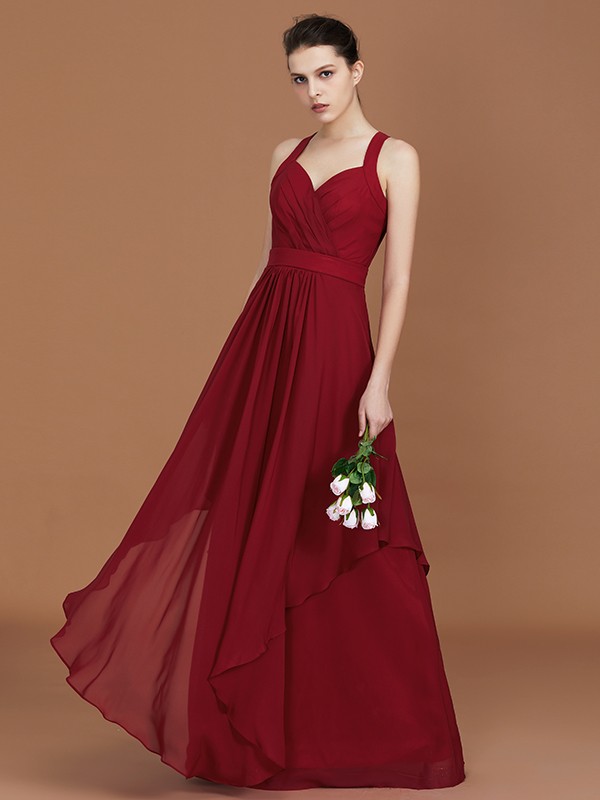 A-Line/Princess Straps Chiffon Ruched Floor-Length Sleeveless Bridesmaid Dresses 2626