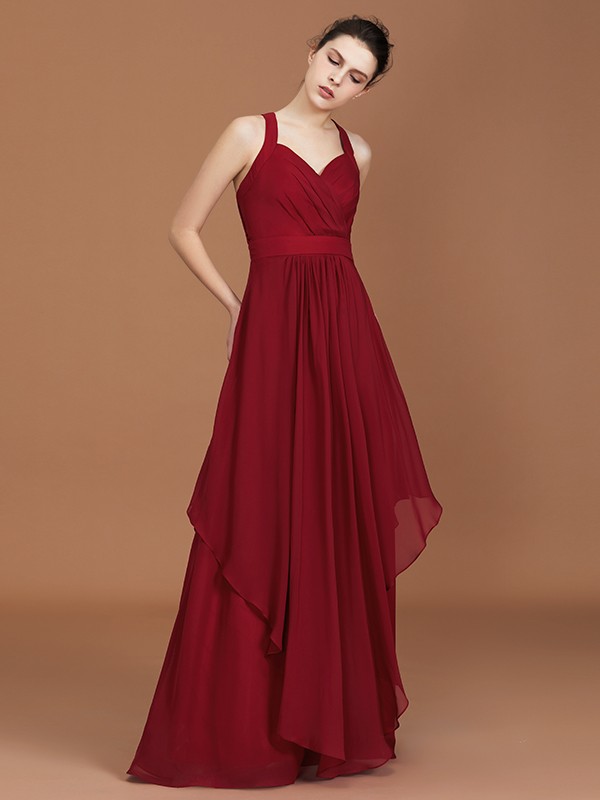 A-Line/Princess Straps Chiffon Ruched Floor-Length Sleeveless Bridesmaid Dresses 2626