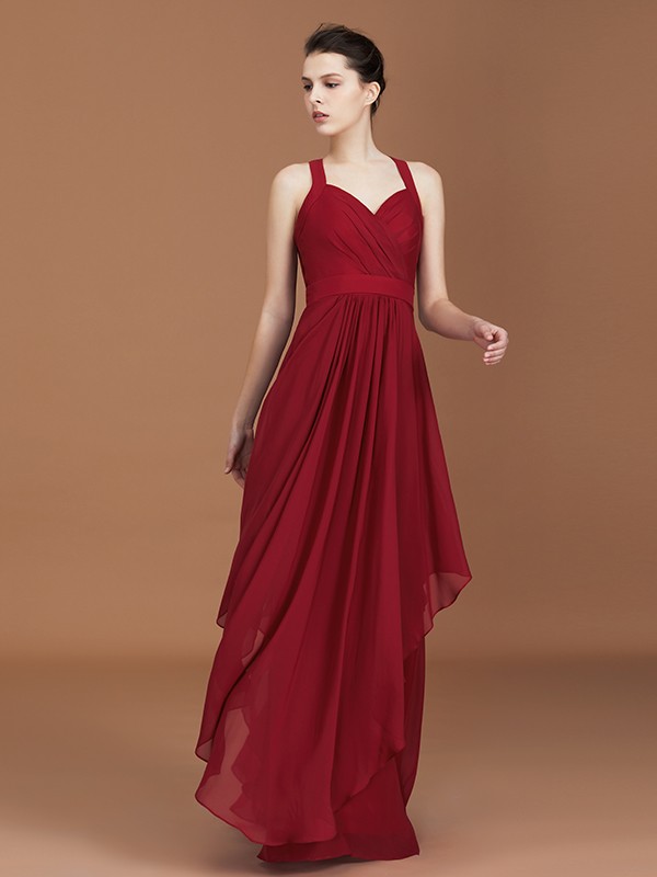 A-Line/Princess Straps Chiffon Ruched Floor-Length Sleeveless Bridesmaid Dresses 2626