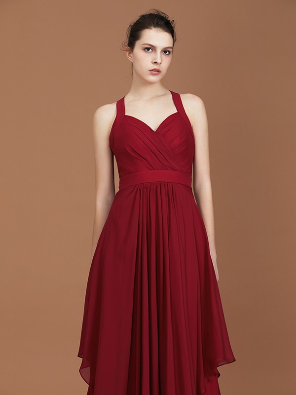 A-Line/Princess Straps Chiffon Ruched Floor-Length Sleeveless Bridesmaid Dresses 2626