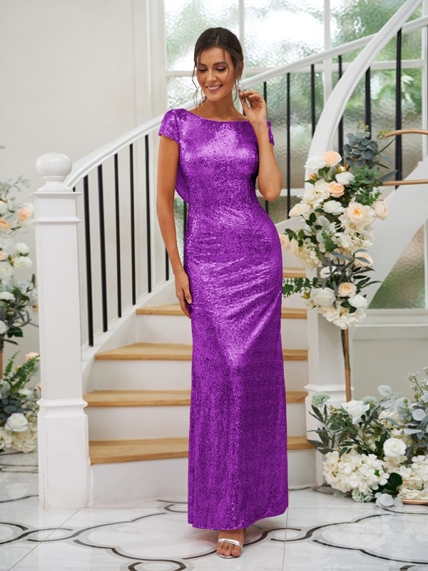 Sheath/Column Sequins Ruched Scoop Short Sleeves Floor-Length Bridesmaid Dresses 3044