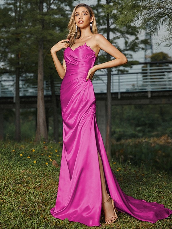 Sheath/Column Silk like Satin Ruched Sweetheart Sleeveless Sweep/Brush Train Bridesmaid Dresses 3078