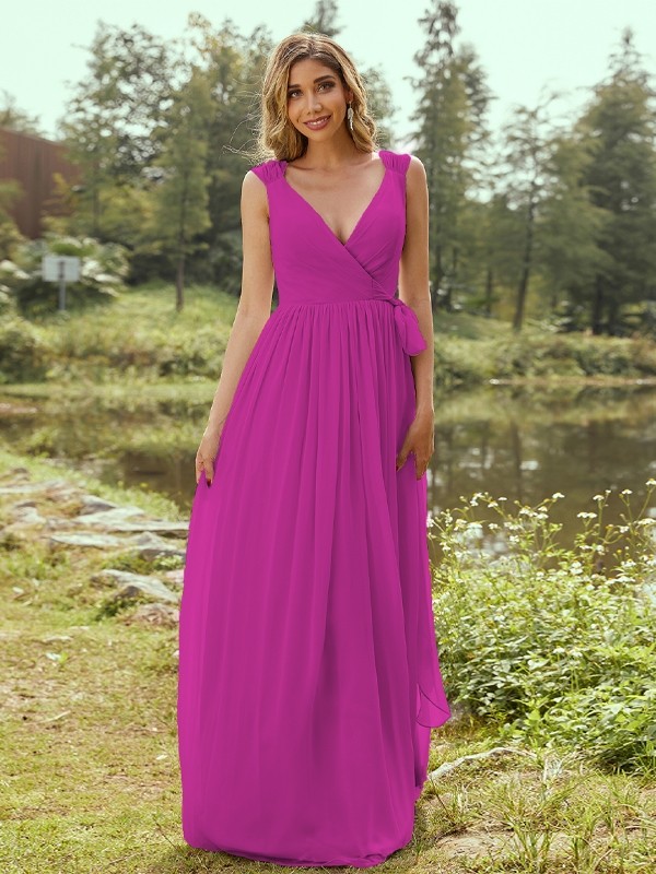 A-Line/Princess Chiffon Ruffles V-neck Sleeveless Floor-Length Bridesmaid Dresses 2235