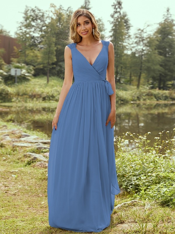 A-Line/Princess Chiffon Ruffles V-neck Sleeveless Floor-Length Bridesmaid Dresses 2235