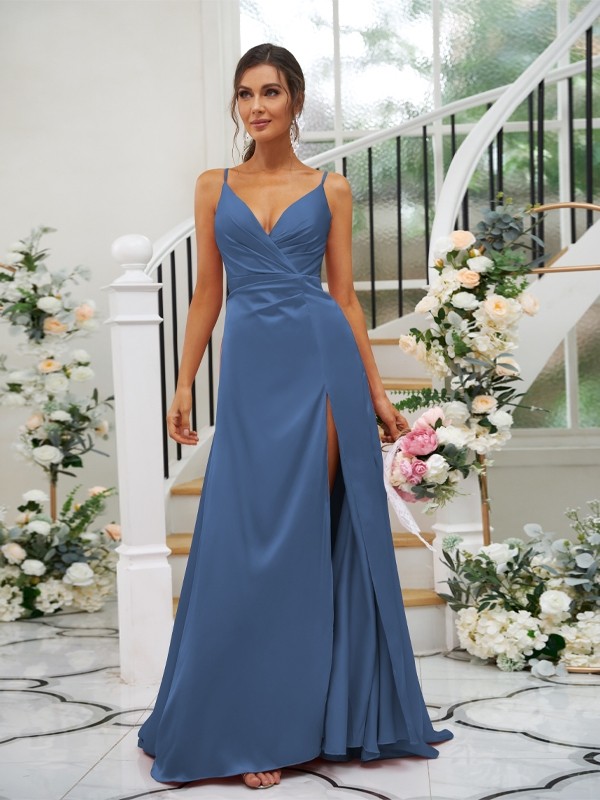 A-Line/Princess Silk like Satin Ruched V-neck Sleeveless Floor-Length Bridesmaid Dresses 2476