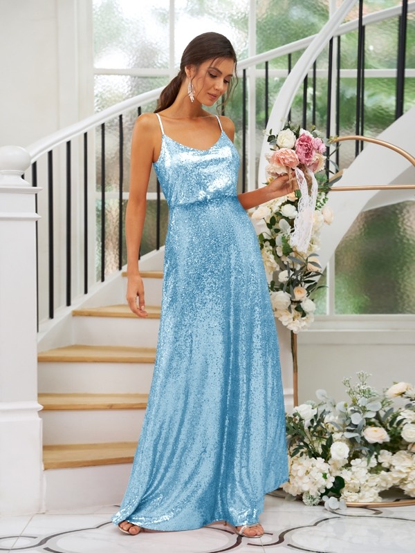 A-Line/Princess Sequins Ruched Straps Sleeveless Floor-Length Bridesmaid Dresses 2466