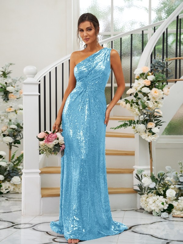 Sheath/Column Sequins Ruched One-Shoulder Sleeveless Sweep/Brush Train Bridesmaid Dresses 3042